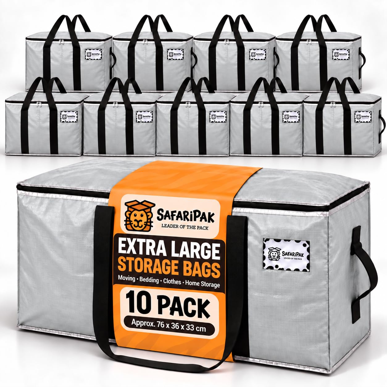 SAFARIPAK 10 Pack 90L Grey Moving Bags Heavy Duty Packing Boxes Storage Bag