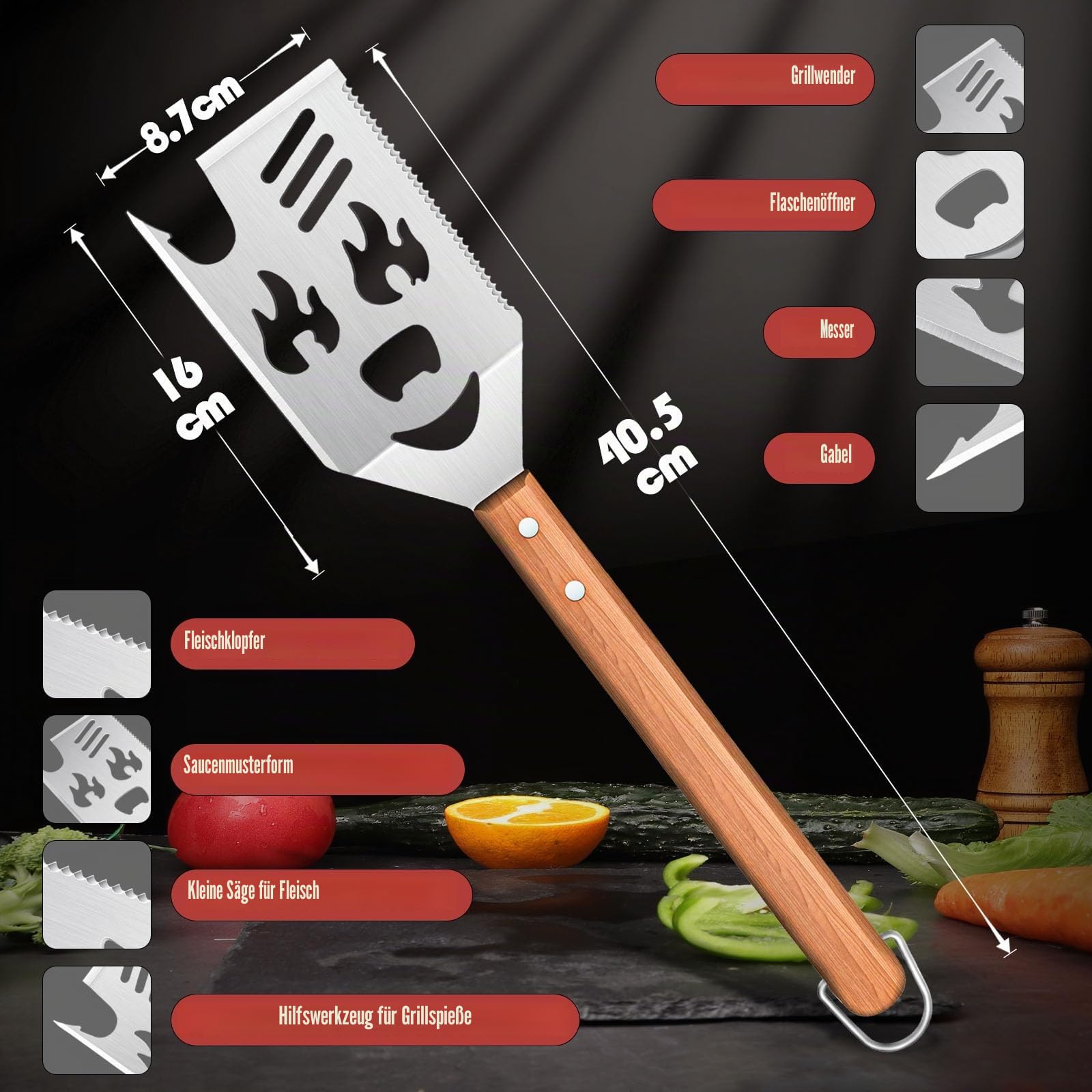 8 in 1 BBQ Spatel für Outdoor Grill, Grillbesteck mit Holzgriff, Multifunktionales Grillwerkzeug, 40,5 cm Grillwender, BBQ Geschenke für Männer, Gabel, Säge, Flaschenöffner zum Grillen