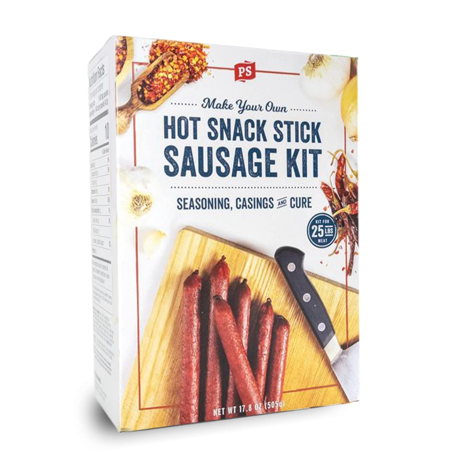 PS Seasoning Hot Snack Stick Kit - Includes Spicy Sausage Seasoning Mix, Maple Cure, and Collagen Casings for up to 25 lbs of Meat - Easy to Use Sausage Making Kit For Pork, Beef, Venison, Wild Game