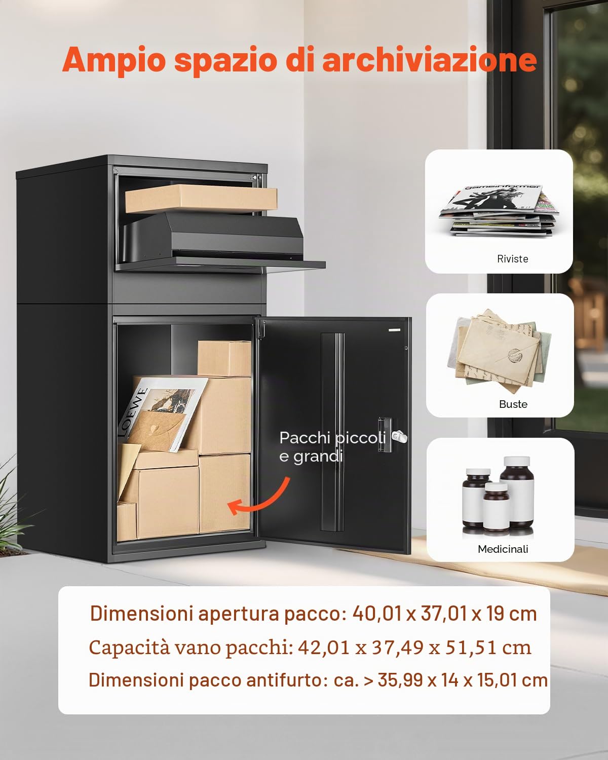VEVOR Scatole per Consegna dei Pacchi per Esterni, Cassetta Postale da 980 mm per Pacchi con Serratura, Cassetta Postale in Acciaio Zincato con Design Antifurto, per Casa e Ufficio, Nero