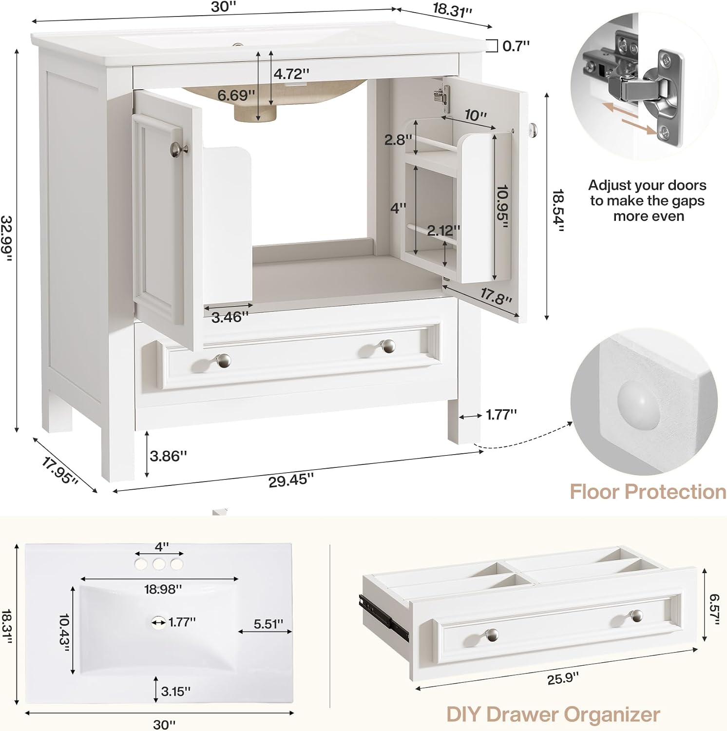 Tribesigns Modern Bathroom Vanity with Sink, Freestanding Cabinet with Ceramic Basin Combo, 2 Doors and 1 Drawer, Solid Wooden Frame, White, 30 Inch