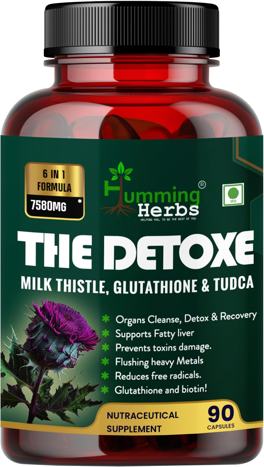 Humming Herbs Liver Detox Supplement 1000mg | Milk Thistle and glutathione Extract | Support Liver Cleanse & Digestion - 90 Capsules