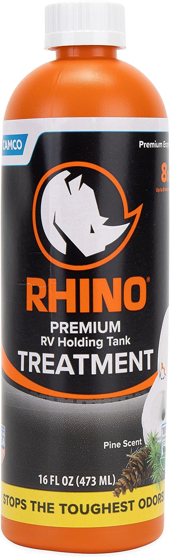Camco 41512 Rhino Heavy Duty Holding Tank Treatment -Eliminates Tough Odors in Your RV Tote Tank for Up to 7 Days and Digests Waste and Tissue - Pine Scent, 16 oz