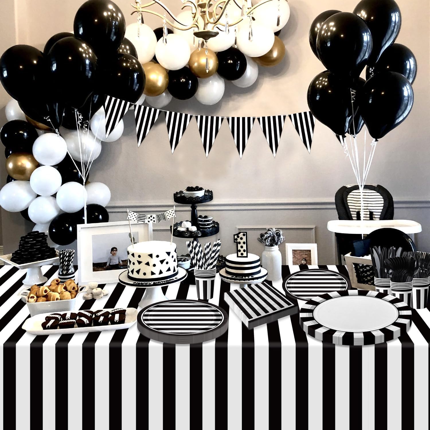 Black and White Striped Party Supplies, Black and White Party Decoration with Dinner Plates Napkins Tablecloth Cups Flags for Birthday Wedding Baby Shower Graduation - Image 2