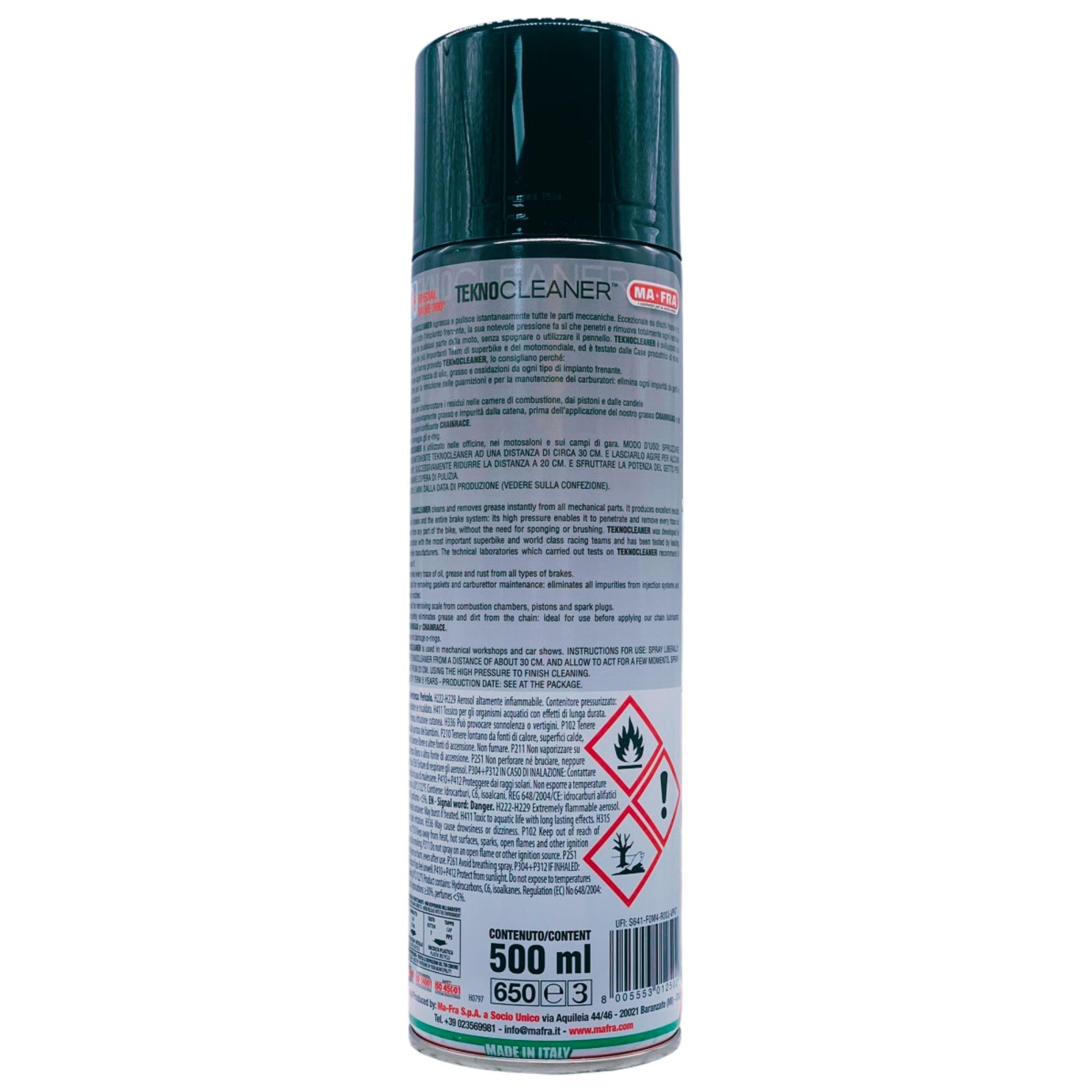 Sgrassatore Multiuso Moto TEKNOCLEANER Per Carburatori, Freni a Disco, Parti Meccaniche e Trasmissioni. Dissolve Rapidamente i Residui Di Grasso 500ml (4 Spray)