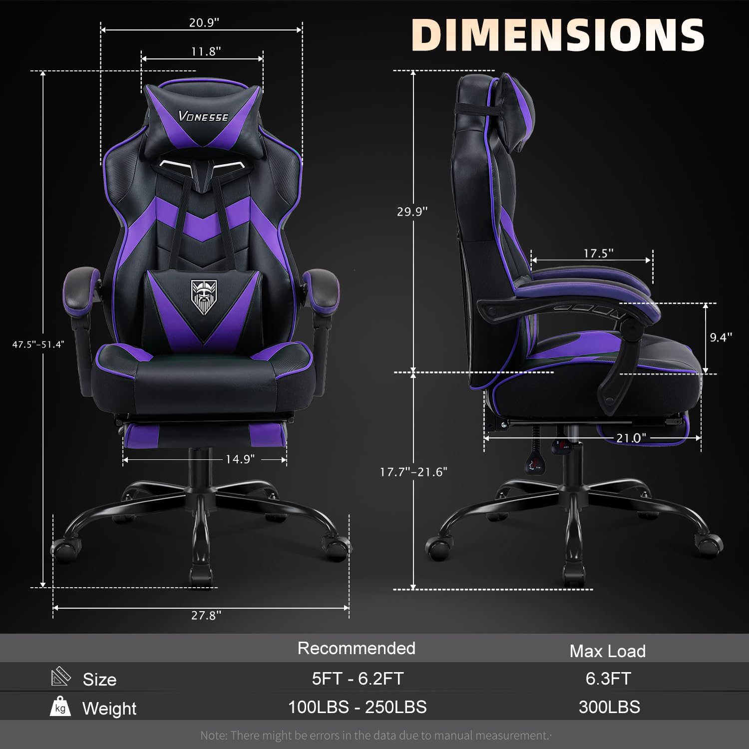Vonesse Gaming Chair,Computer Chair with Footrest and Massage,Reclining Gaming Chairs for Adults,Big and Tall High Back Gamer Chair (Purple/Black)