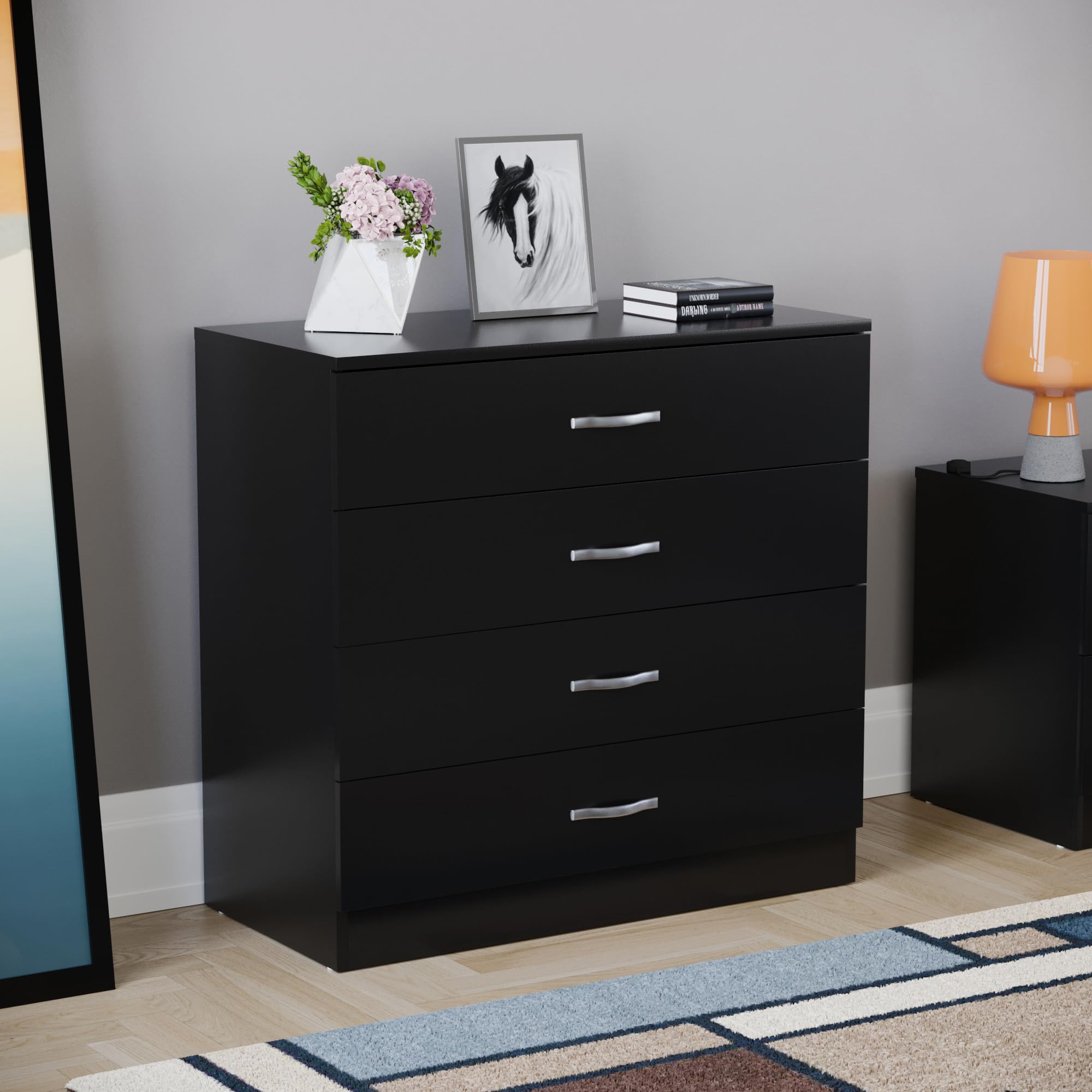 Home Discount Nero cassettiera, 4 cassetti con Maniglie in Metallo e corridori, Sistema Unico con Guide, Riano mobili per Camera da Letto