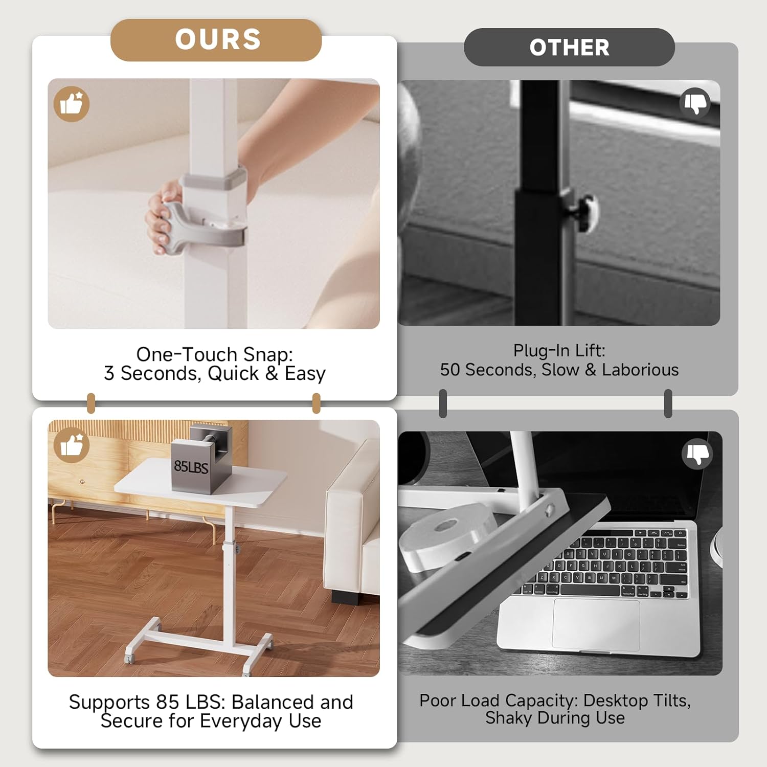 GTPLAYER Small Standing Desk, 24 Inches Mobile Foldable Rolling Laptop PC Table with Lockable Casters, Adjustable Height Overbed Bedside Table Computer Workstation for Home Office, White