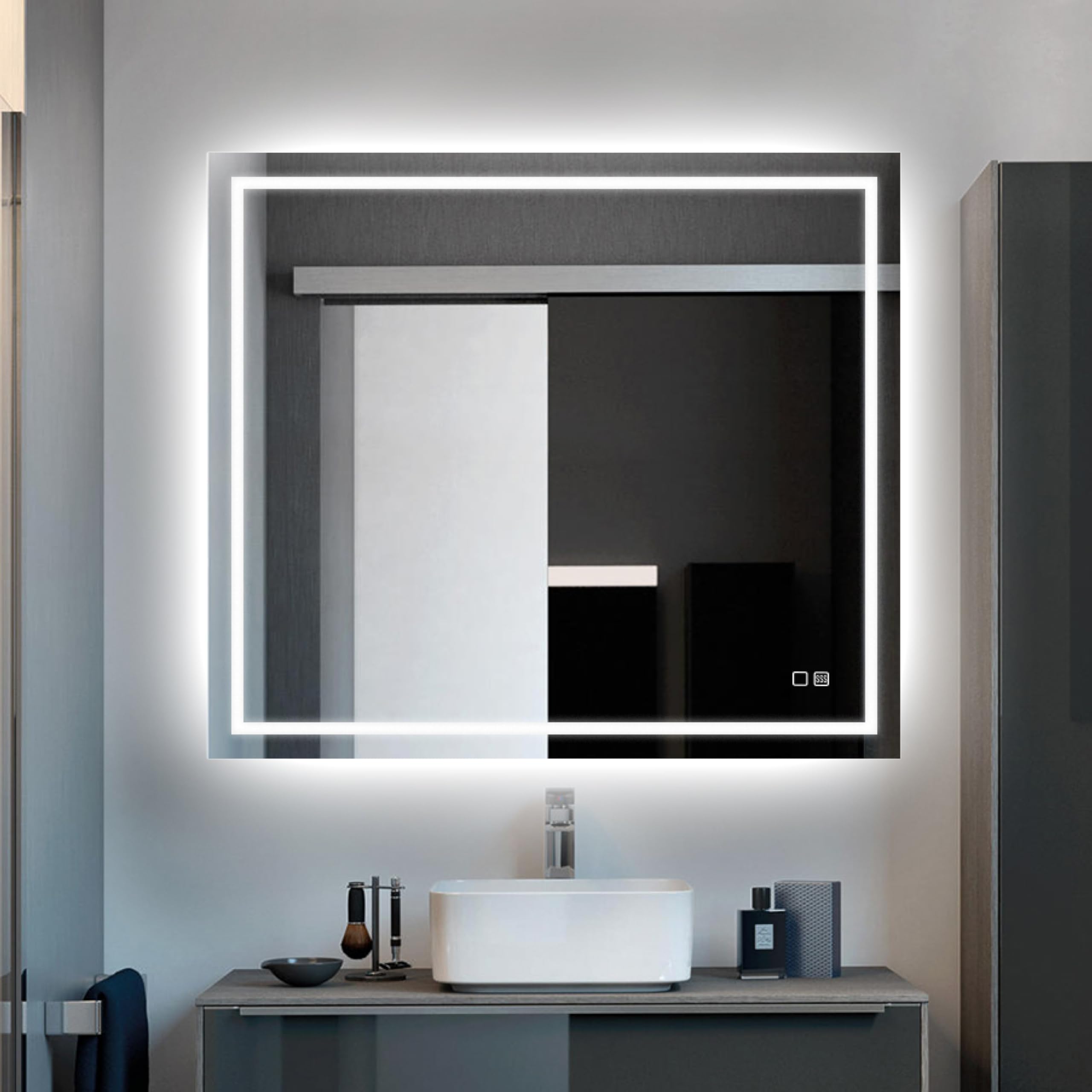 UBUD Espejo de Baño con Luz LED 80x80. Antivaho, Cristal 4k, Intensidad Regulable, Cambio de Color, Función Memoria, IP44, Montaje Horizontal/Vertical, Vidrio Anti-Estallido - Diseño Moderno