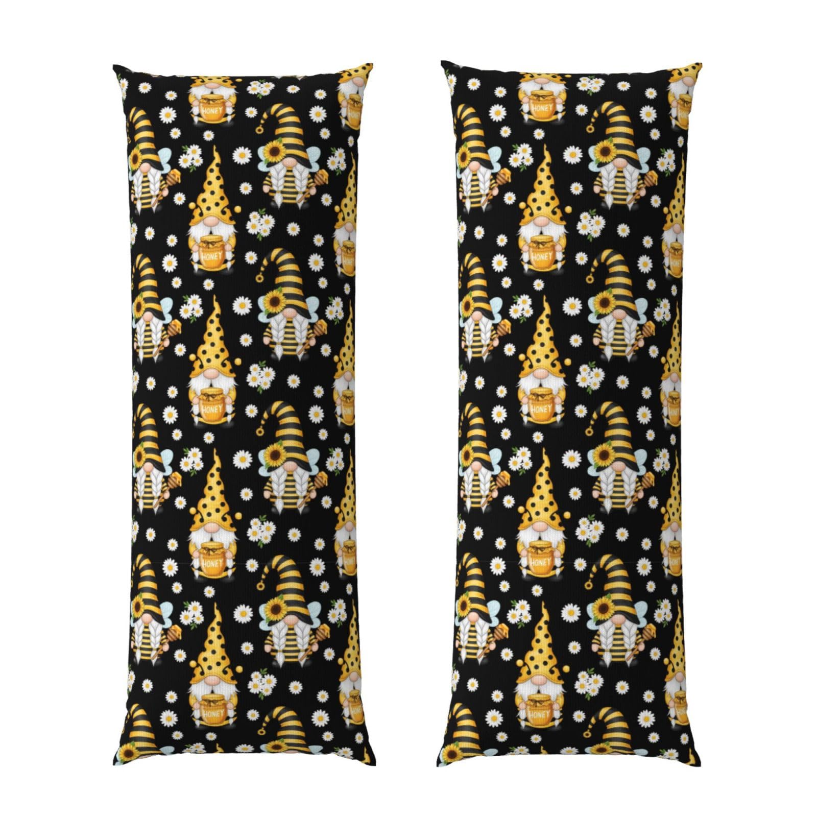 Long Pillowcase 20x54, Sunflower Bee Cute Cartoon Gnome Black, Soft Velvet Pillow Cover with Hidden Zipper, Plush Cushion Protector for Bedroom Sofa Couch Sleeping