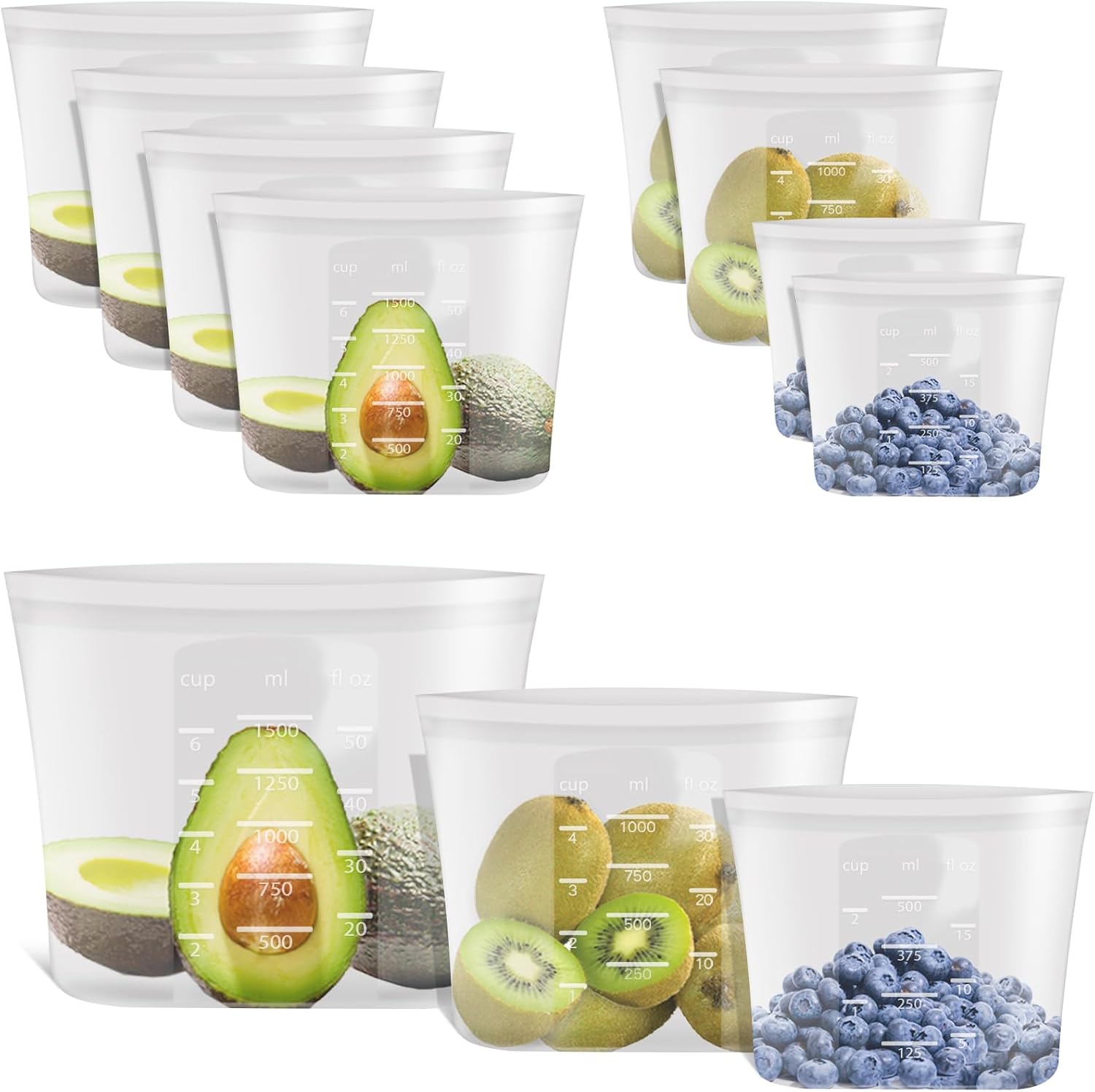 100% Platinum Silicone Reusable Food Storage Bags, 8 Pack (4M + 2S + 2XS)