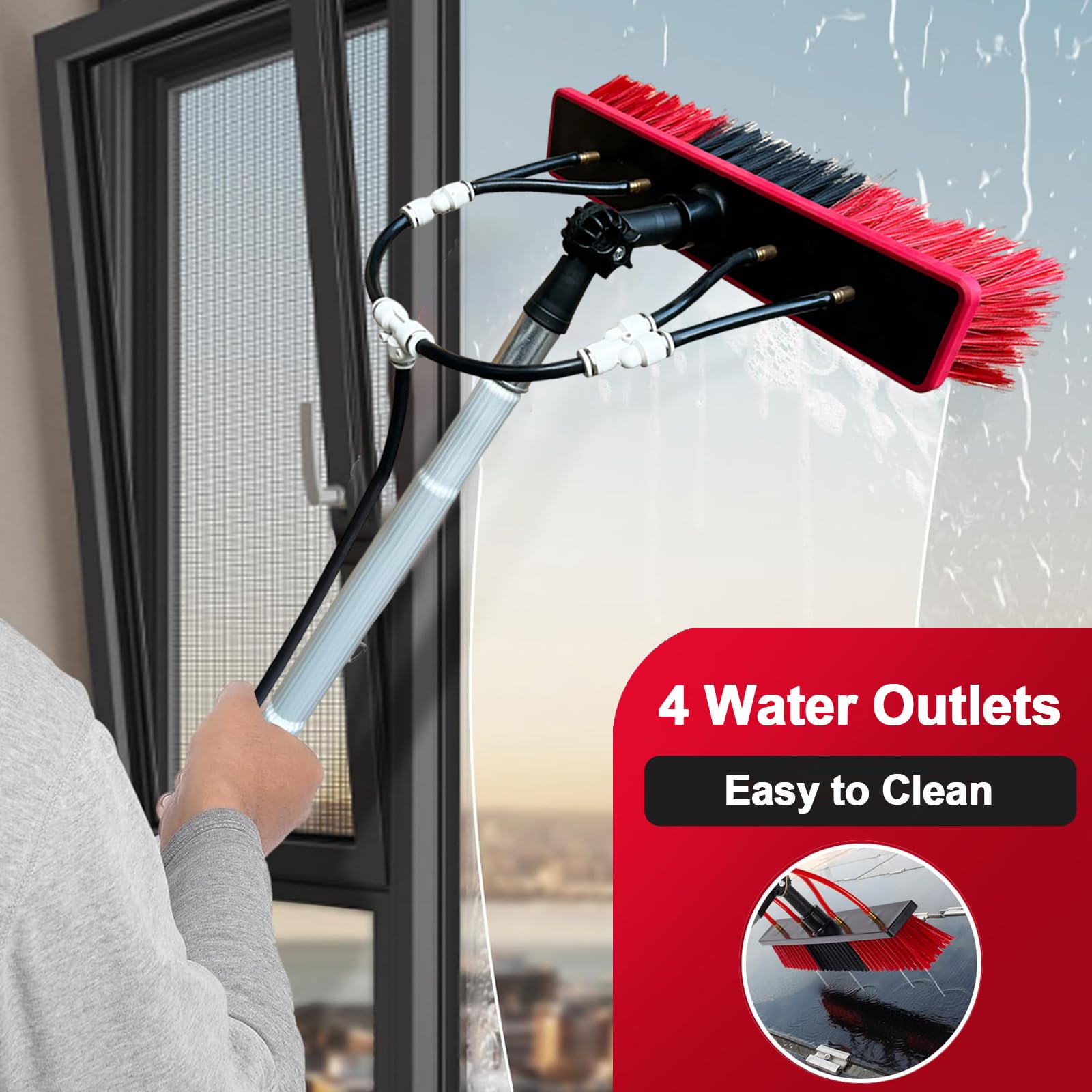 Genérico Cepillo telescópico para Ventanas (3 m - 13,6 m), Extensible, con Tubo de alimentación de Agua, ángulo Ajustable y dispensador de jabón. Conector de Manguera común para Paneles Sol