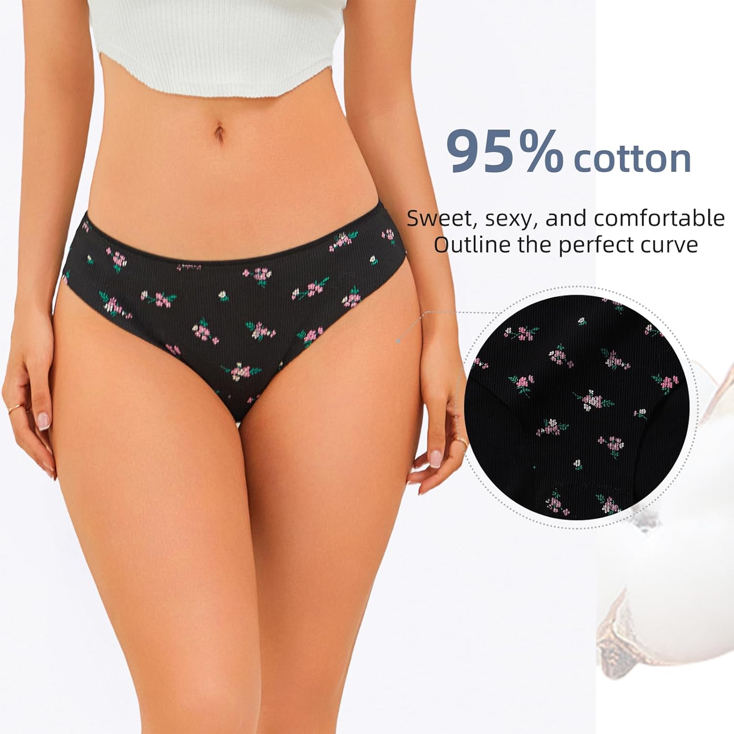 Seamless Underwear for Women Cotton Bikini Flower print Hipster Wavy Sides Invisibles Cheeky Panties 5 Pack - Image 4