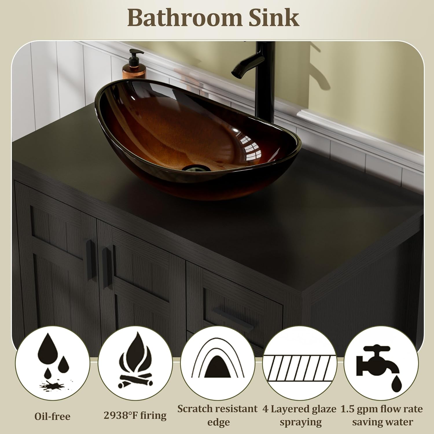 UEV 36" Bathroom Vanity with Sink Combo,Modern Freestanding Sink Cabinet with 3 Drawers,Stylish Bathroom Vanity Cabinet,Grooved Door,Metal Handles,Vessel Sink (Bronze Boat, 36" Black)