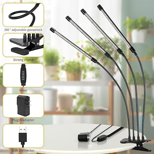 Miniatura 8 de Luces LED de crecimiento, 4 cabezales, rojo, azul, blanco, espectro completo, luces de plantas con abrazadera para plantas de interior y arranque de