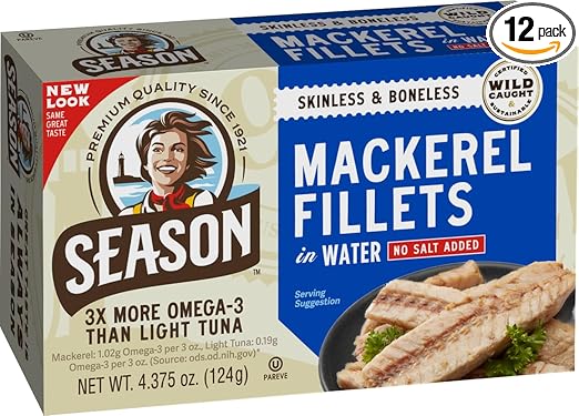 Season Mackerel in Water - Skinless & Boneless, No Salt Added, Wild Caught, Keto Snacks, Canned Mackerel Fillets, Full of Vitamins, Low in Mercury, Kosher, Non-GMO, 20g of Protein - 4.37 Oz, 12-Pack