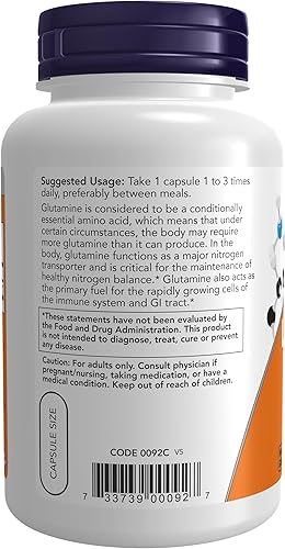 Miniatura 2 de Now - Suplemento alimenticio de L-Glutamina 500 mg aminoácido transporta nitrógeno 120 cápsulas veganas color blanco