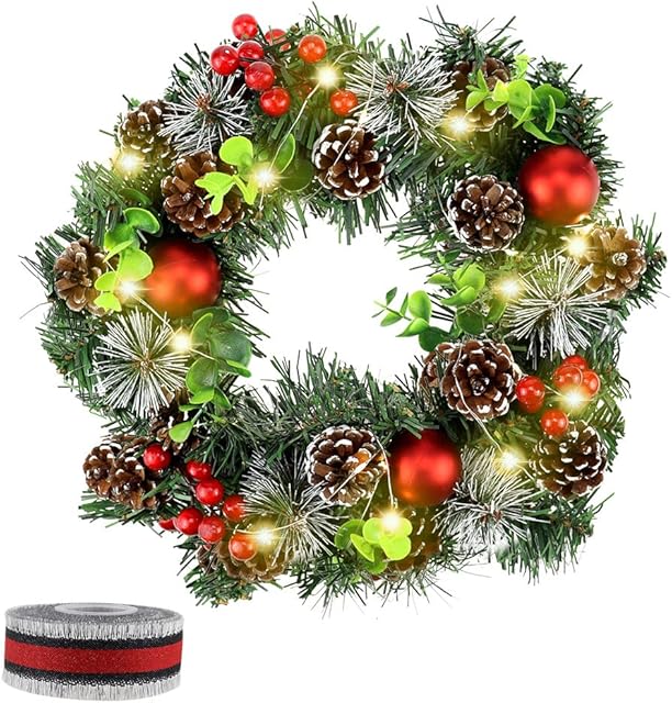 DXLing 30cm Artificial Christmas Wreath with Lights Balls and Pine Cones Xmas Decorations Hanging Artificial Pine Garland for Front Door with 5m Ribbon Christmas Garland Ornament for Window Wall