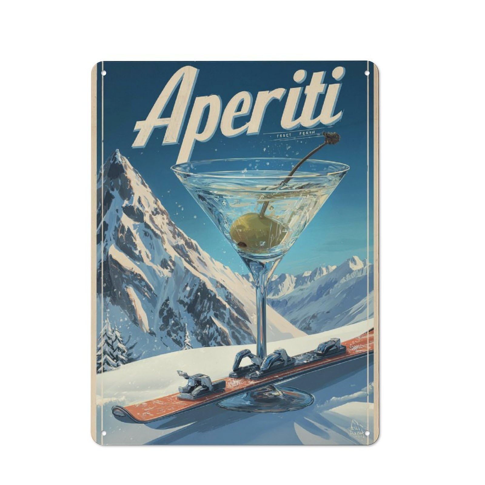 Junmoney Aperiti Ski Scene 40X30cm Retro Metal Sign With For Man Cave Or Games Room, Tin Sign Wall Decor For Games Rooms And Man Caves
