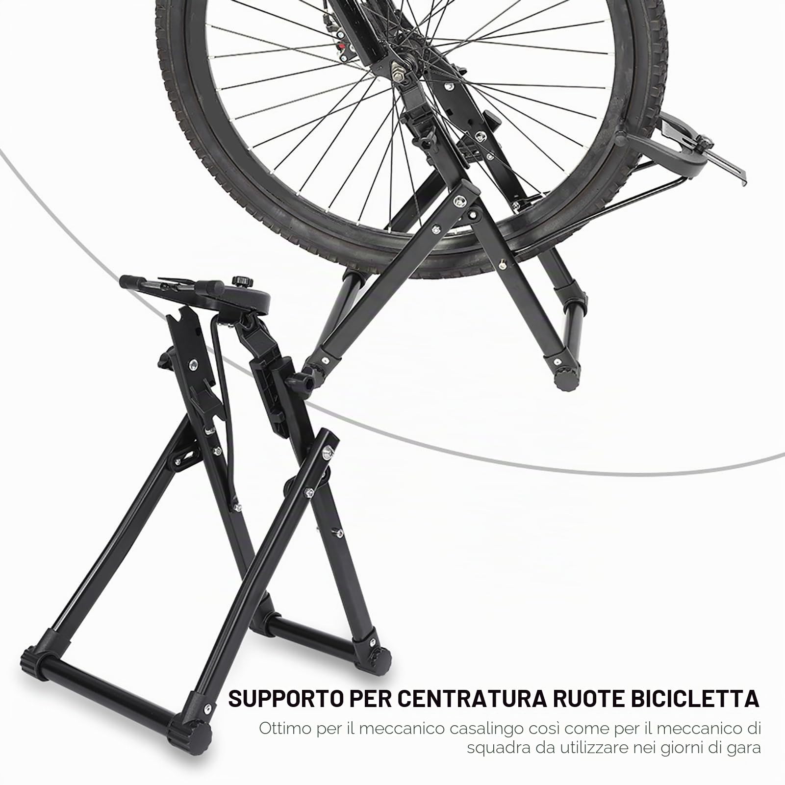 Cavalletto per Centratura Ruote Bici, Design Robusto e Pieghevole con Righello e Ditale, per Pneumatici da 16-29 Pollici