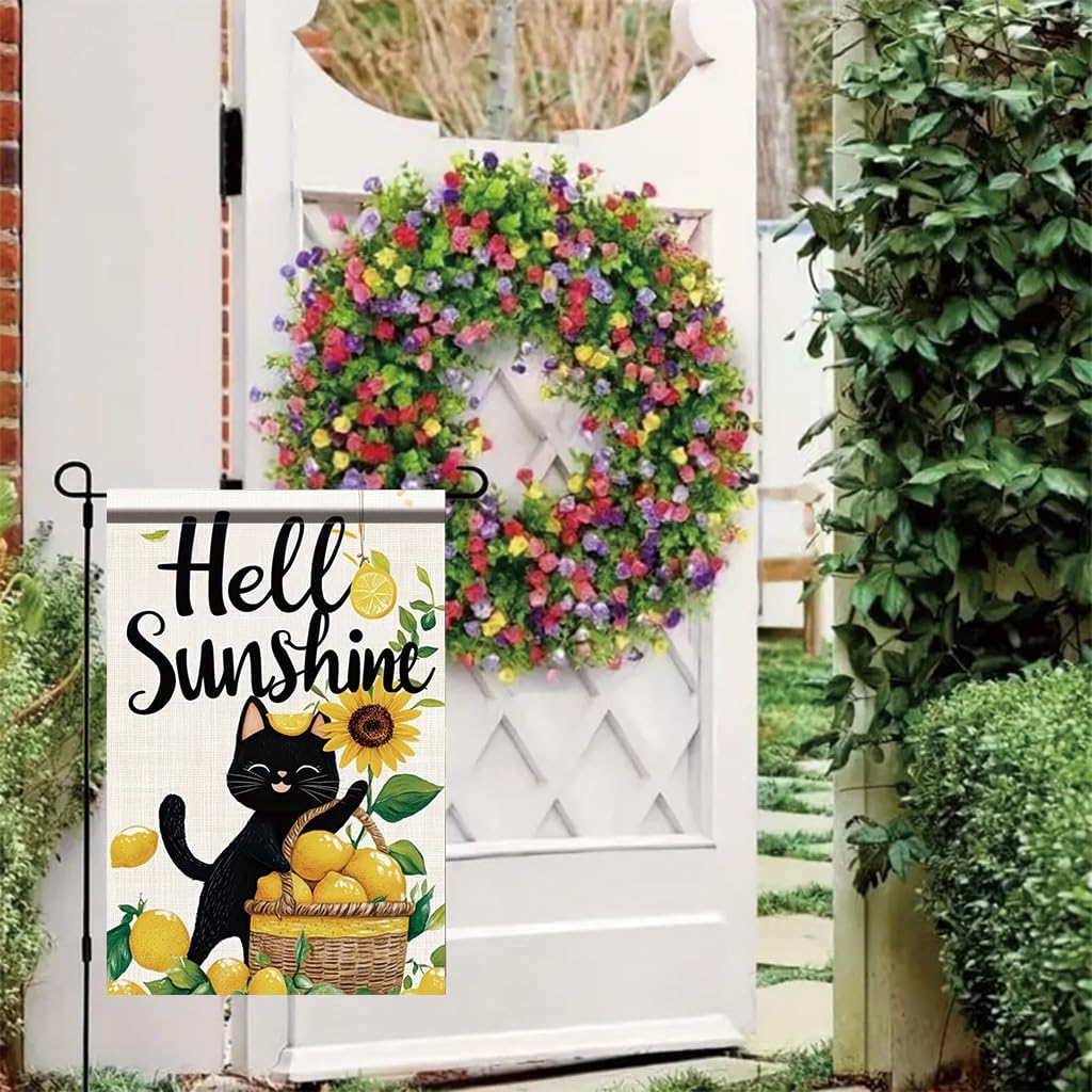 Hello Sunshine Cat Garden Flag 12x18 Inch Double Sided Outdoor Yard Banner Black Cat Lemon Basket Sunflower Design Summer Welcome Decoration for Porch Patio Lawn Garden Home Decor - Image 8
