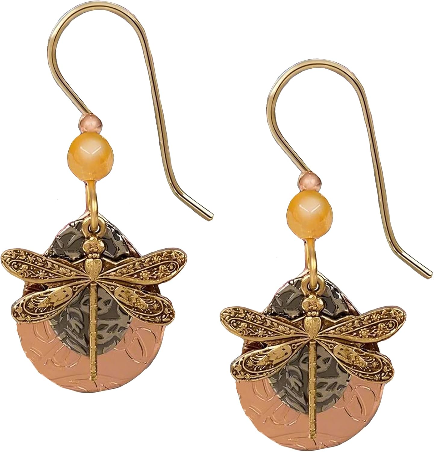 Silver Forest Dragonfly on Layered Shapes Pierced Earrings NE-2048