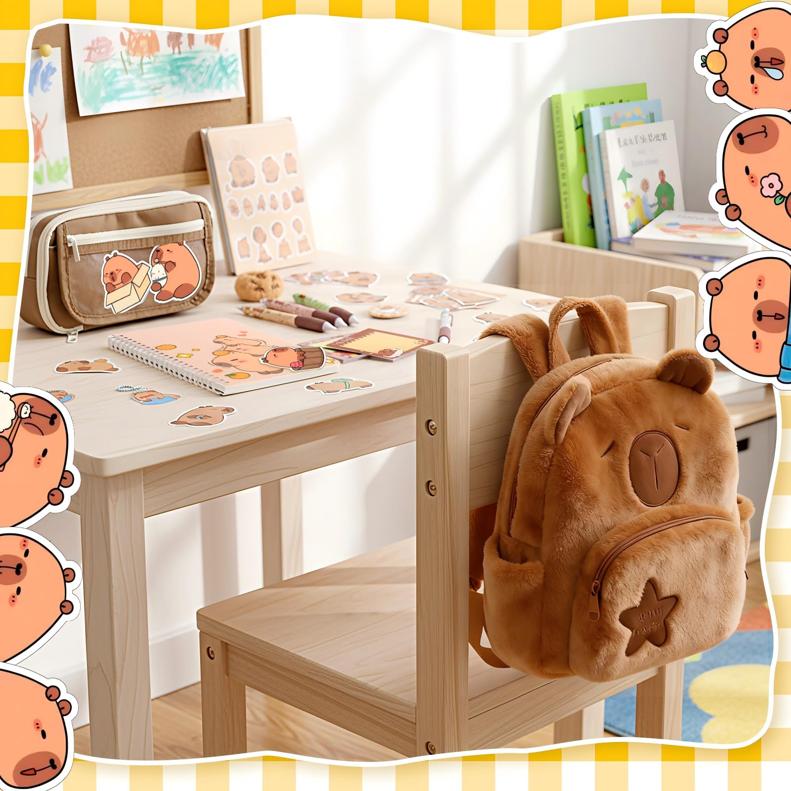 50 piezas de regalos de Capibara con mochila y juego de papelería, notas adhesivas, bolígrafos en espiral, broche, colgante para recompensas, regalo de cumpleaños