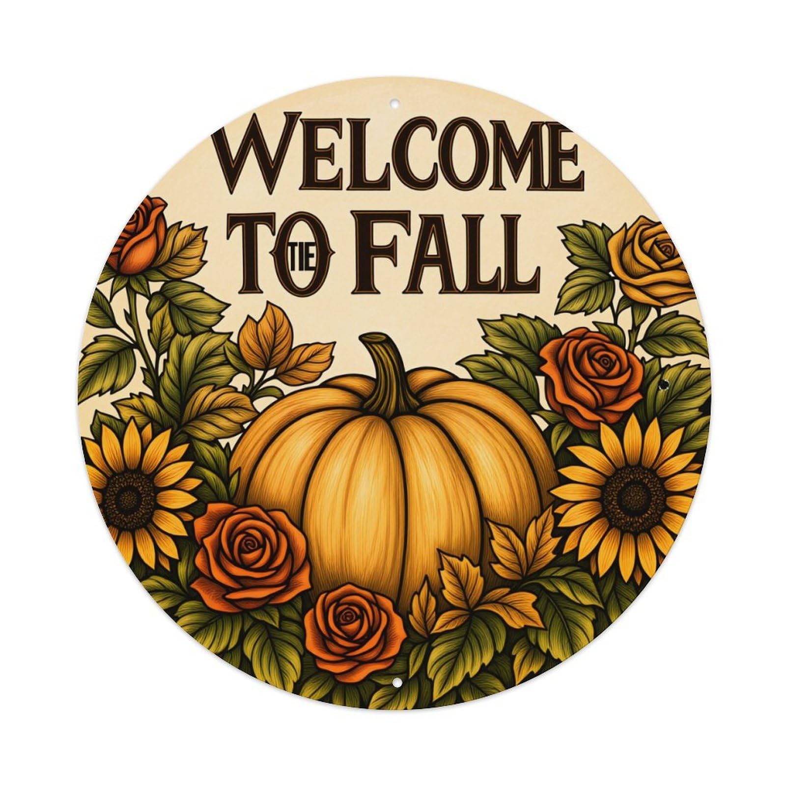 Pumpkin Roses Sunflowers Leaves Autumn Vintage Metal Tin Sign Retro Wall Decor for Home Bar Garage Cafe, Indoor & Outdoor Decorative，circle Metal Poster, 8x8 Inch