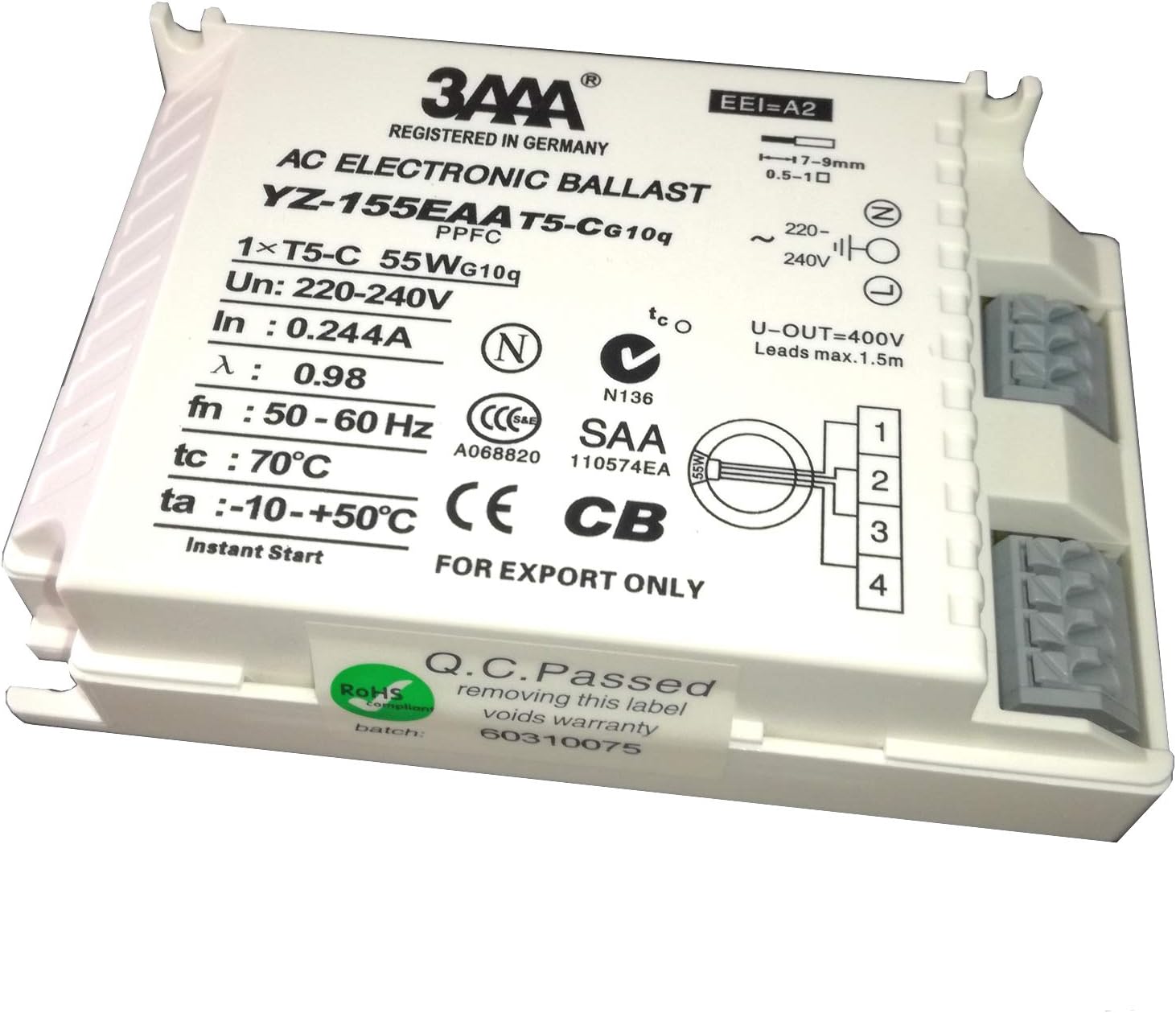 3AAA 55W AC Electronic Ballasts YZ-155EAA T5-C for Looped Fluorescent Lamp, White Color