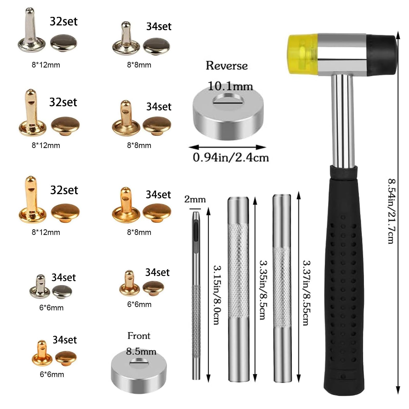 HARFINGTON 100 Sets Ledernieten – 8 X 7 Mm, Doppelkappen-Nieten Mit 3 Werkzeugen, Bronze