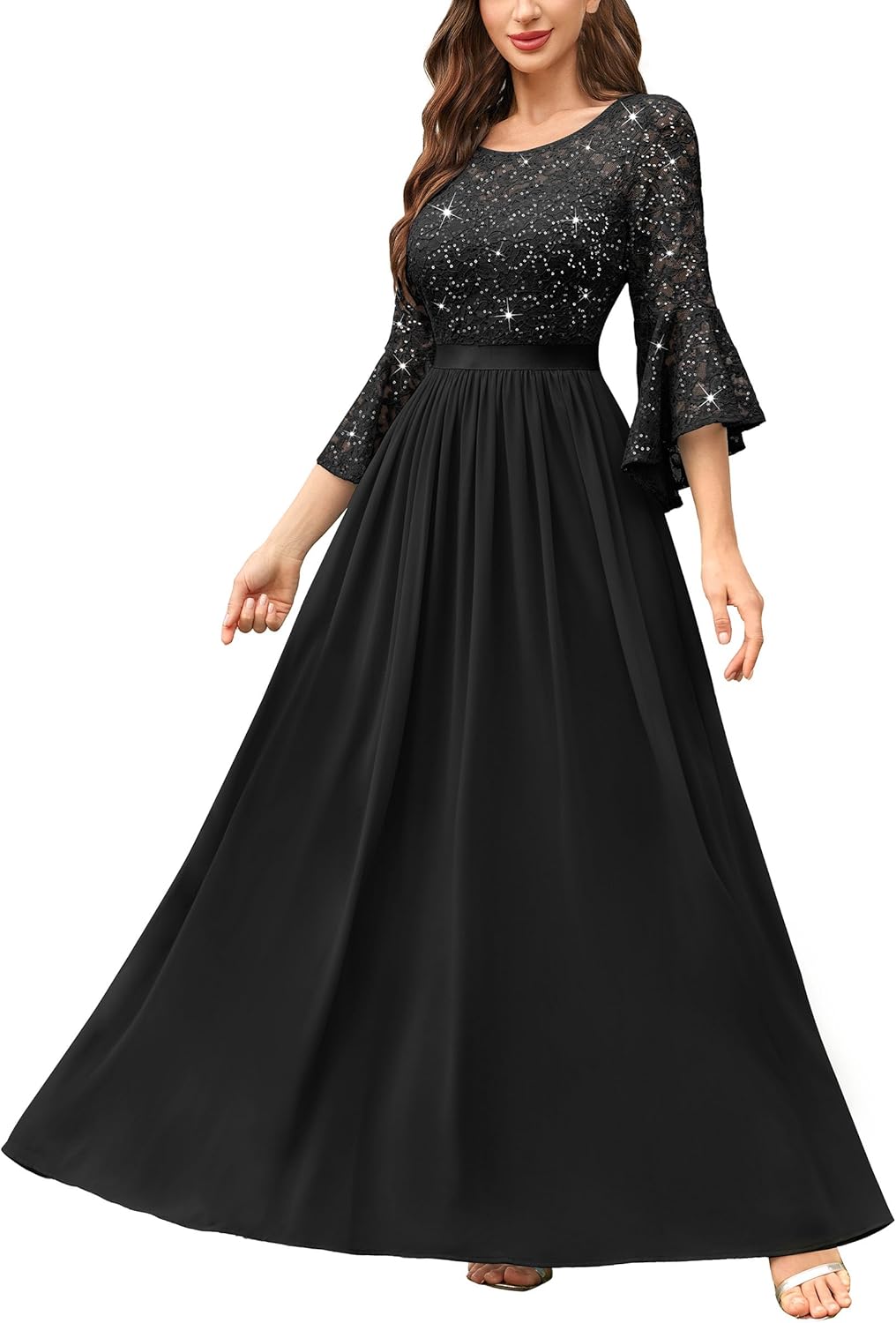 Miusol Women's Formal Sparkle Sequin Lace Bell Sleeve Evening Party Maxi Dress