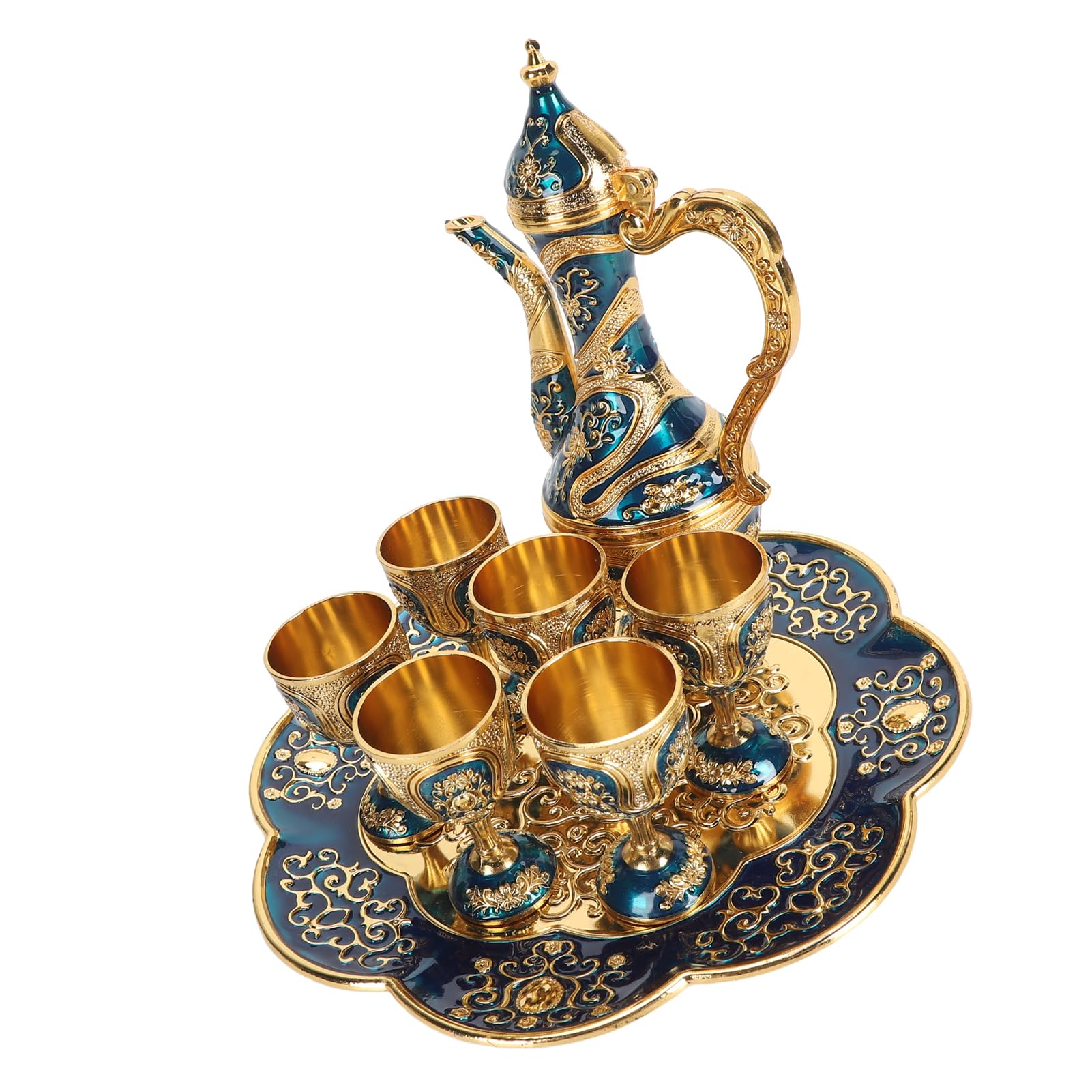 CHICIRIS Türkisches Vintage-Teeservice mit Elegantem Design für Partys und Hochzeiten, Zinklegierungsmaterial – 1 Kanne, 6 Tassen, Tablett (Goldblau)