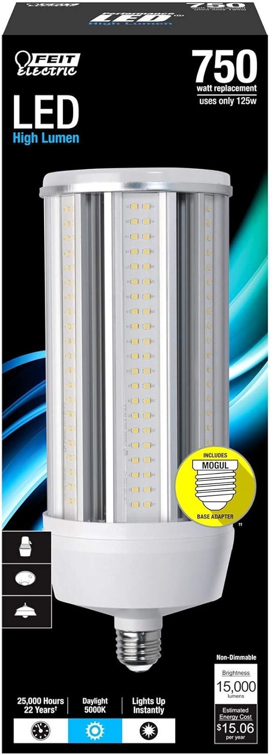 400W Equal 15000LM 5000K Daylight 125W LED Corn Cob Light Bulb, E26 Medium Base, Type B Ballast Bypass, 120-277V Line Voltage, Includes Medium to Mogul Socket Adapter, Feit C15000/5K/LED/HDRP