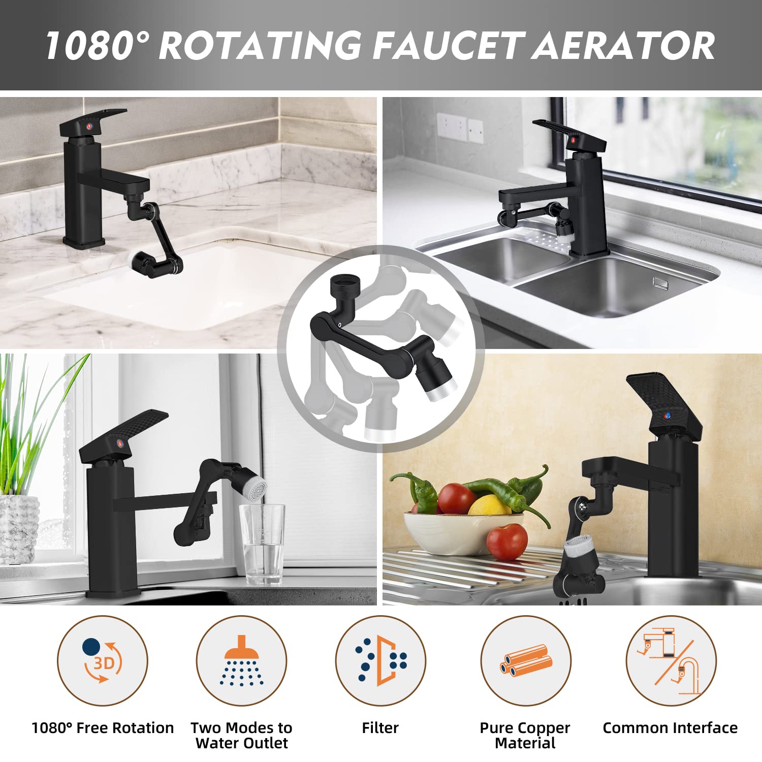 Aireador Grifo Cocina Giratorio de 1080° SELORSS con 2 Modos, Aireador de Grifo de cobre puro, Extensor de Grifo Ahorro Agua, Grifo Universal Cocina/Baño con Filtro de Salpicaduras, Negro (3 Piezas)