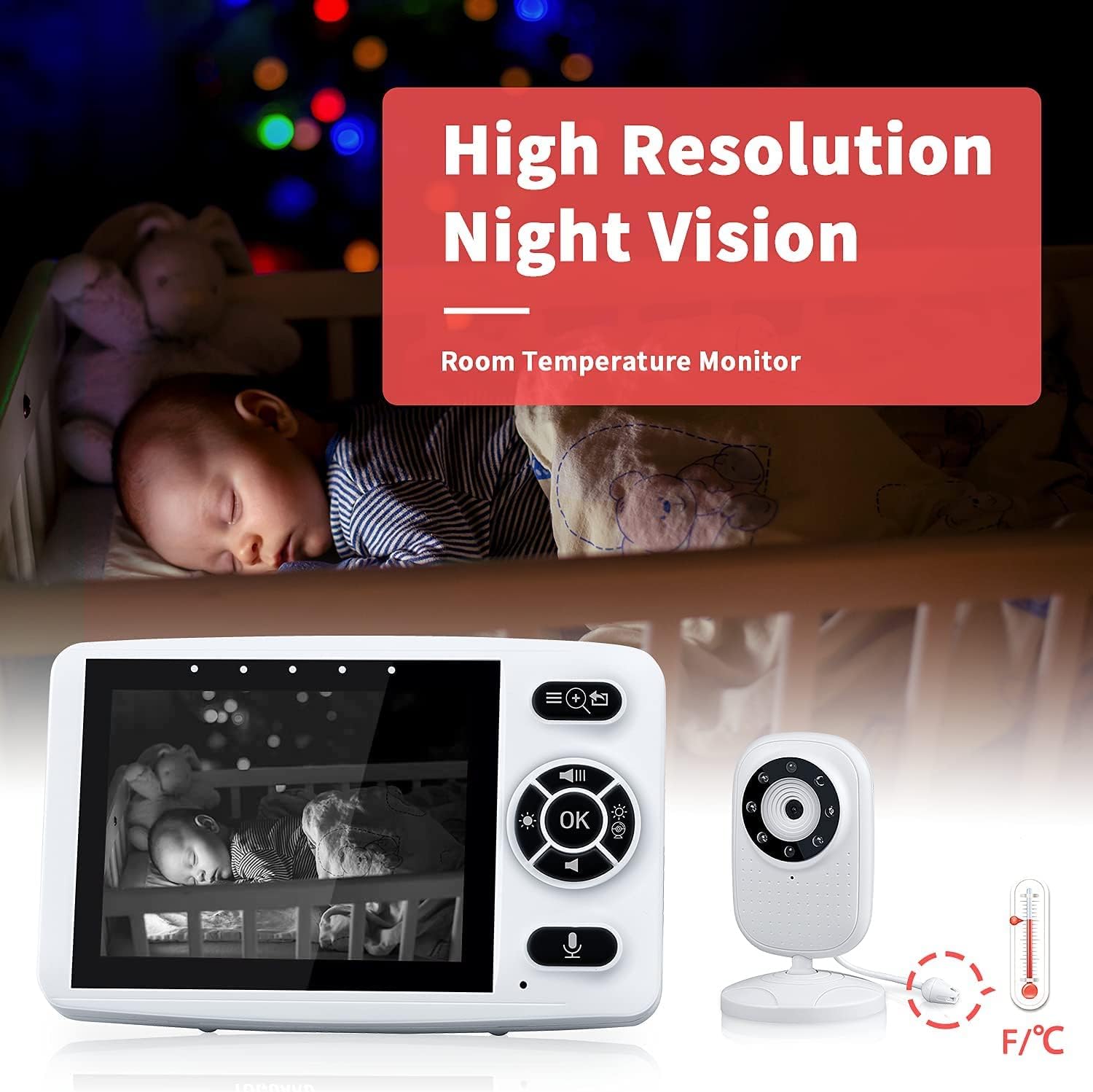 Baby unit camera with night vision and temperature sensor