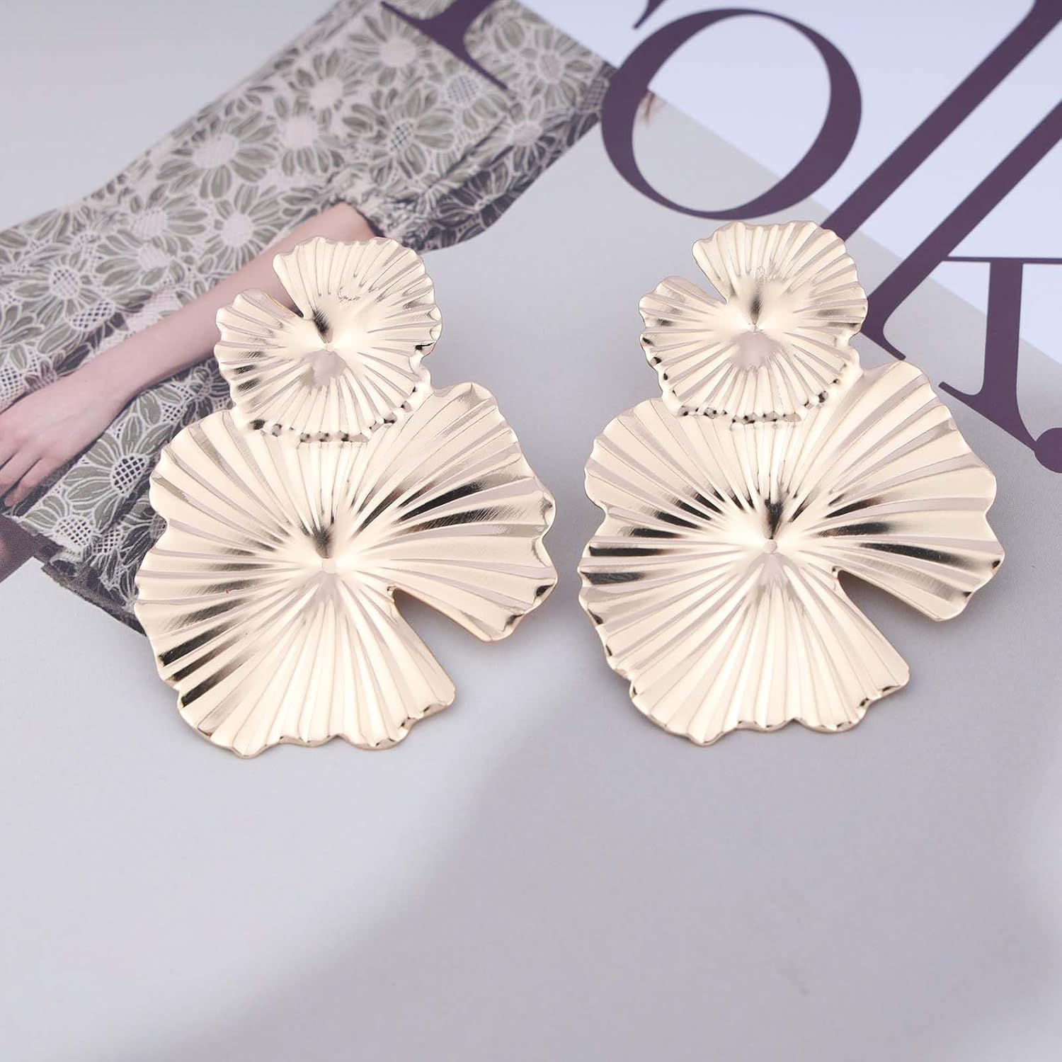 Vintage Exaggerated Lotus Leaf Earrings Round Leaf Drop Earrings Gold Large Metal Flower Earrings Metal Statement Flower Earrings Jewelry for Women - Image 6