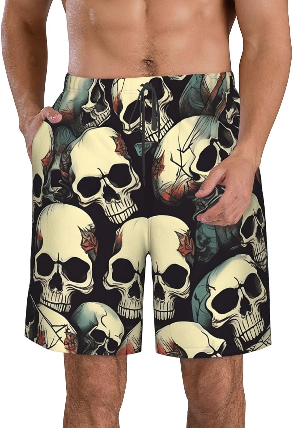 Skull Skeleton Print Mens Casual Shorts Drawstring Summer Beach Stretch Shorts Novelty Swimtrunks