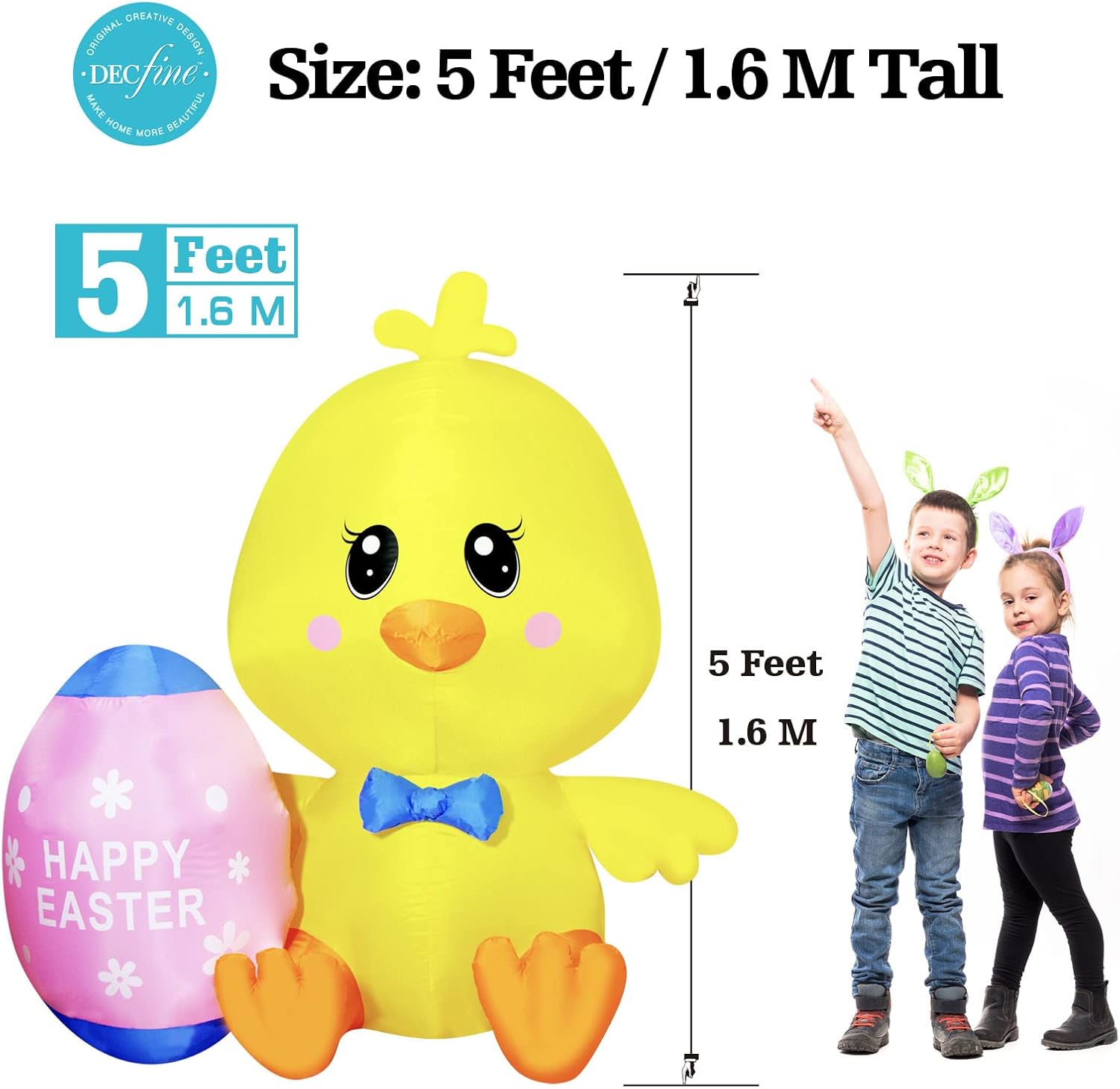 5 Feet Easter Inflatable Chick with Egg Lighted Blow Up Yard Decoration with Built in Blower Fan and Anchor Ropes (03-Easter Chick)