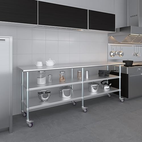 Miniatura 23 de AmGood Mesa de trabajo de acero inoxidable con 2 estantes y ruedas Mesa de trabajo de metal con ruedas