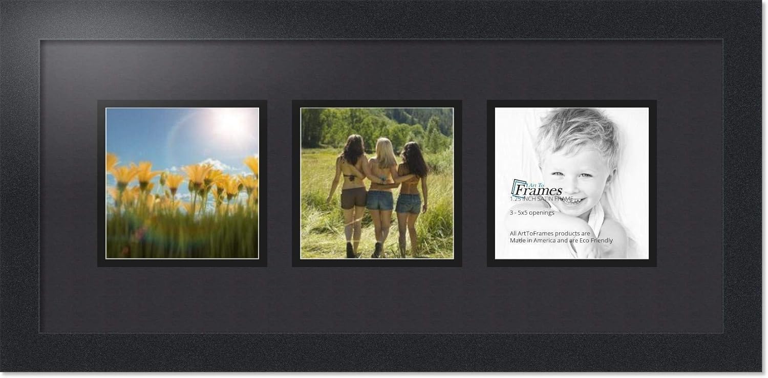 ArtToFrames Collage Photo Frame Double Mat with 3 - 5x5 Openings and Satin Black Frame