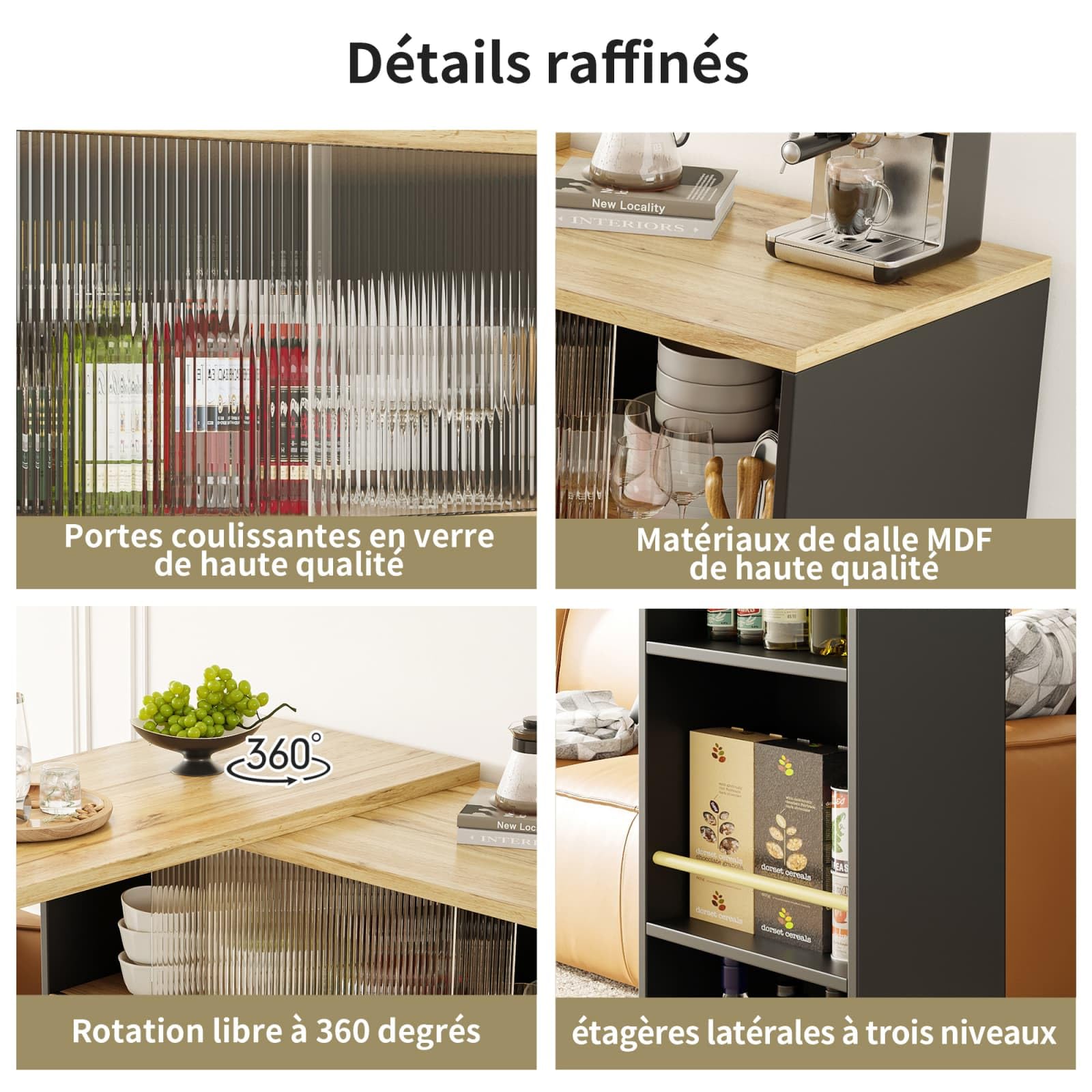 KOMHTOM Table de Bar Extensible avec Espace de Rangement, Meuble Bar avec 2 Portes en Verre, Rotation Libre à 360 °, étagères latérales (Noir)