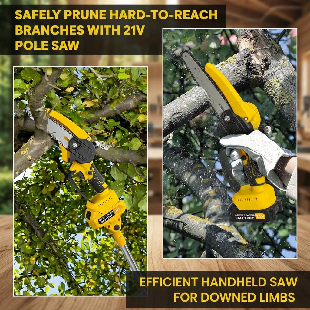 2-in-1 Cordless Pole Saw, Mini Chainsaw with 0.9-5.9ft Retractable Extension Pole for Tree Pruning, Brushless Electric Chain Saw with 2 x 1.5Ah Batteries, Handheld Chainsaw, Gift for Men Yellow