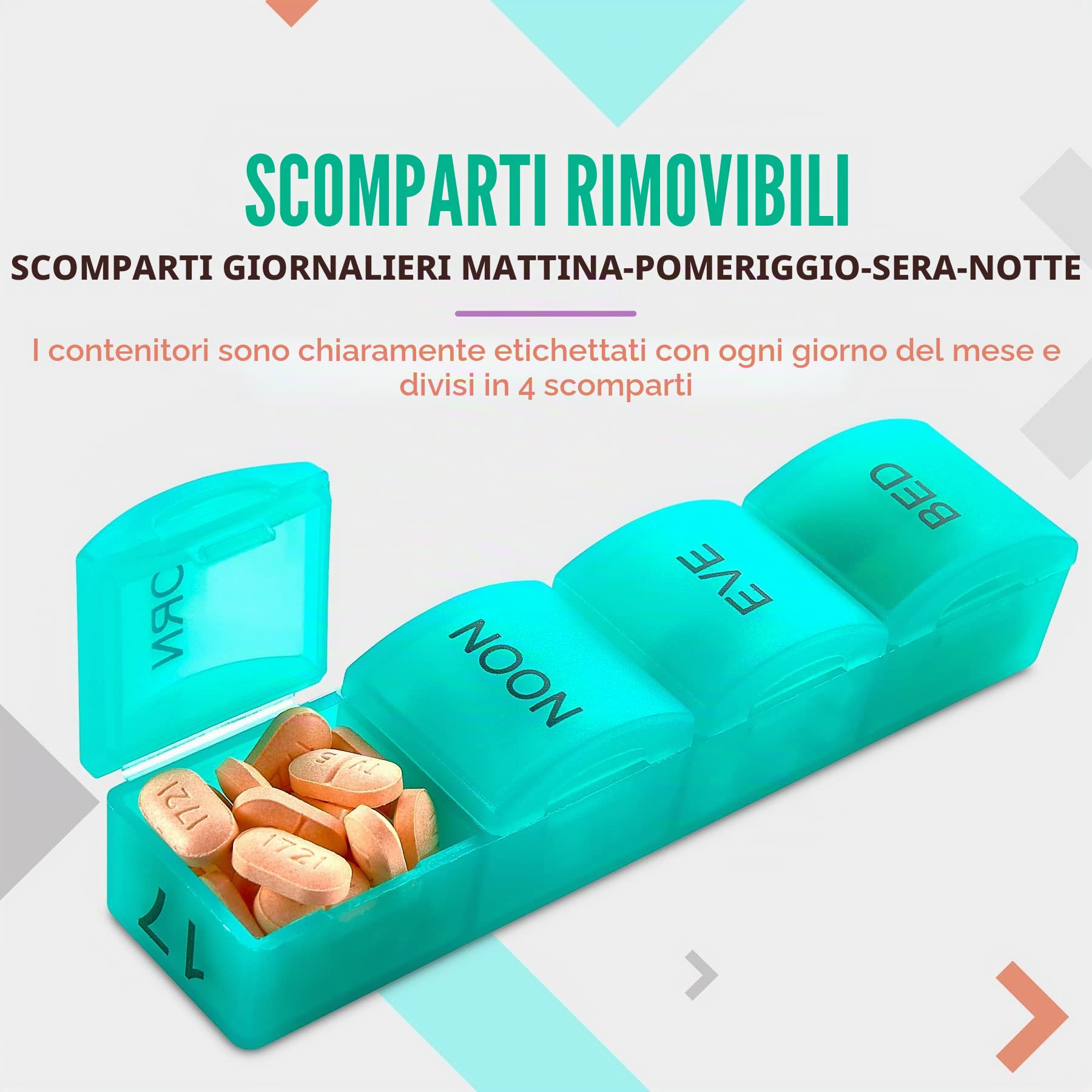 Organizzatore Portapillole Mese - 4 Volte Al Giorno Mattina-Mezzogiorno-Sera-Notte - Grandi 32 Portapillole Giornalieri con Scomparti per Vitamine, Integratori