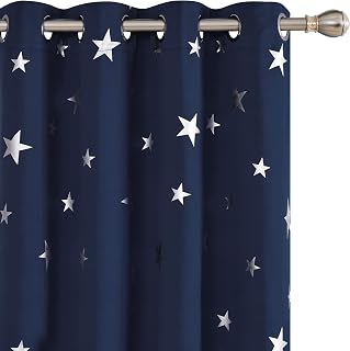 Deconovo Silver Star Foil Print Blackout Bedroom Curtains Kids, Room Darkening Noise Reducing Window Curtains 2 Panels, Curtains for Living Room and Nursery, 52W x 84L Inch, Navy Blue