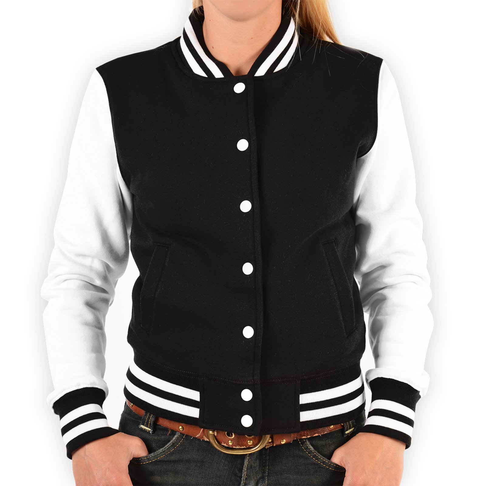 Damen College Jacke schwarz/Weiss mit Wolf Motiv : 3 Wölfe - Collegejacke Damen/Mädchen Farbe: schwarz