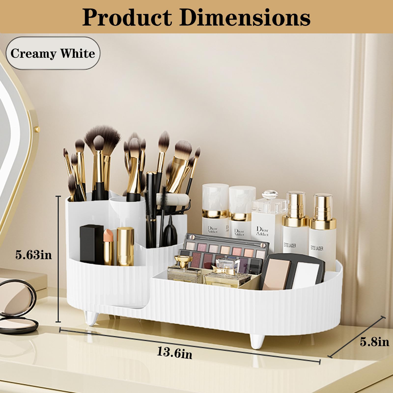 COMFYROOM Najnowszy obrotowy o 360° organizer na kosmetyki z uchwytem na pędzle, duży spinningowy schowek na kosmetyki do pielęgnacji skóry, perfum i balsamów - czysta biel