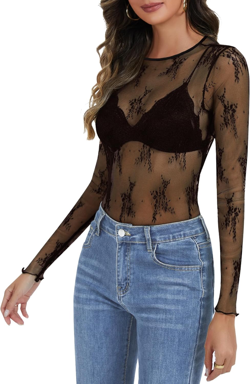 Lace Long Sleeve Tops for Women Mesh Sheer Sexy Undershirt Crew Neck Floral See Through Shirts - Image 3