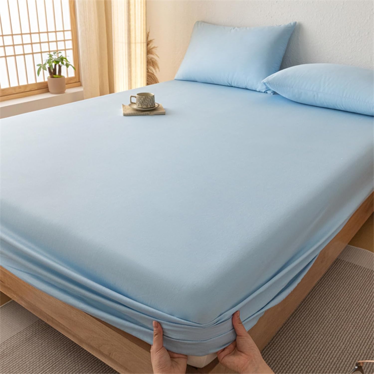 Egyptian Cotton Fitted Sheet Double 180 x 200 cm Light Blue 27 cm Deep