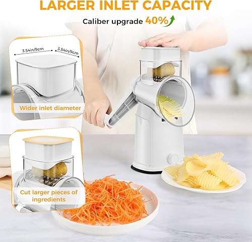 Miniatura 6 de Rallador de queso giratorio 7 en 1 mejorado con asa, triturador de verduras con ranura de almacenamiento incorporada, 5 cuchillas versátiles, base