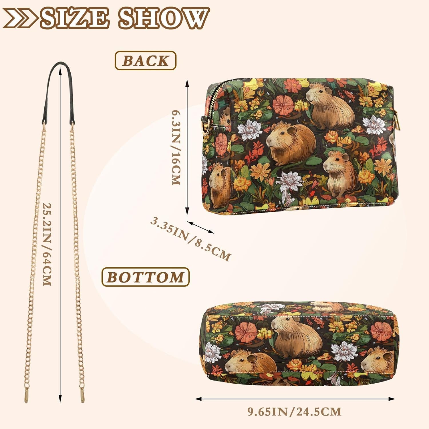 Women Crossbody Bag Shoulder Handbag Cellphone Purse PU Leather Metal Chain Strap Water Resistant Zipper Closure Floral Capybara Print